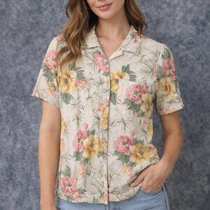 Talbots Womens Hawaiian Shirt, Size 6 Small Tan Floral, Button-Up, Linen Blend